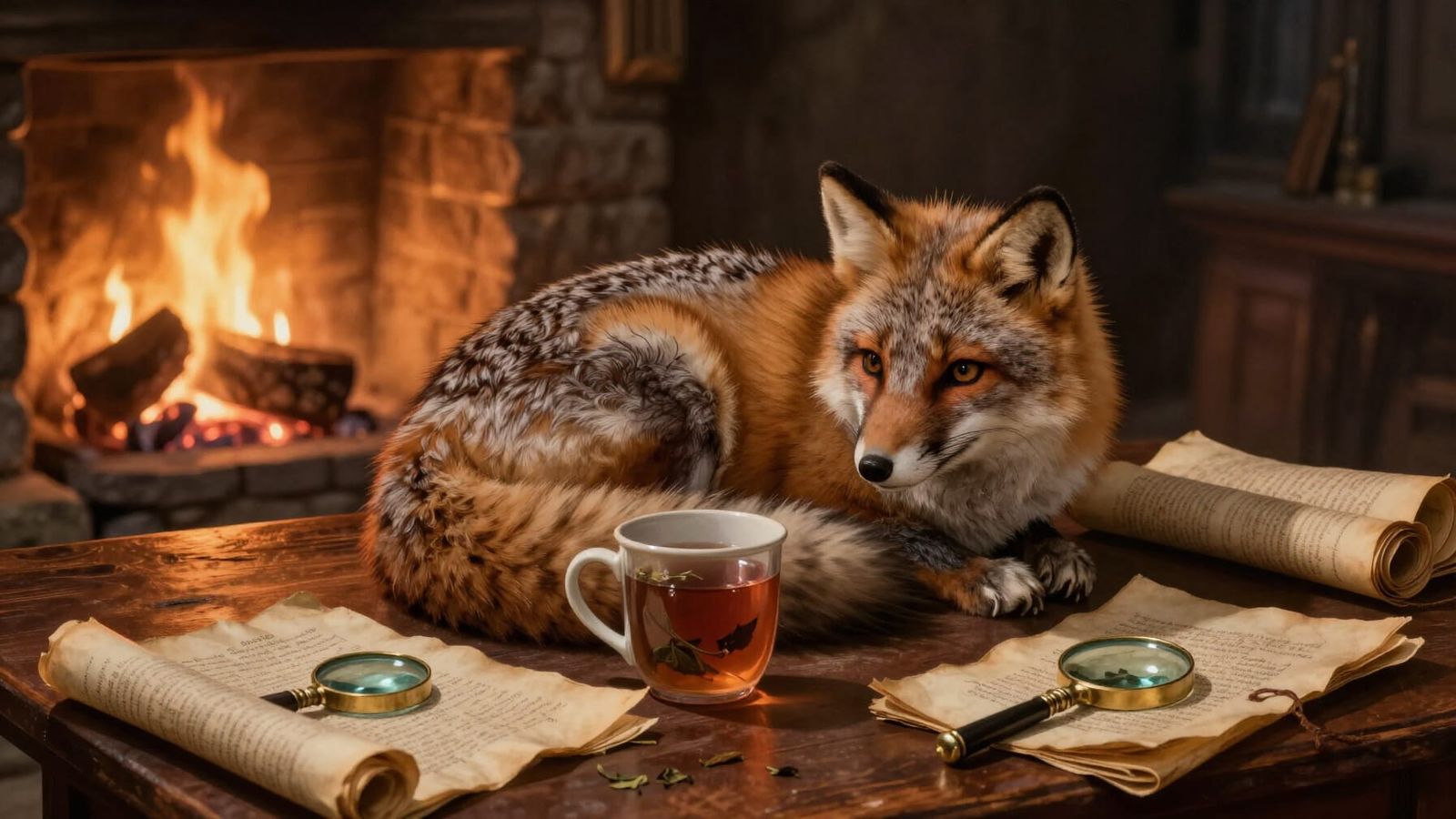 Arctic Fox Rests by Hearth in Antique Concept Art Style