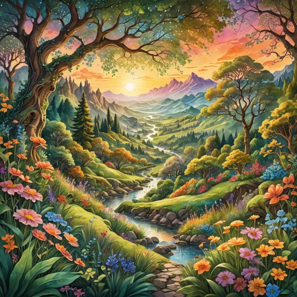 Spring Sunset Fantasy Landscape as Digital Watercolor