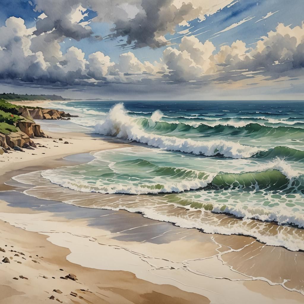 Beach Waves in Gouache Style Watercolor