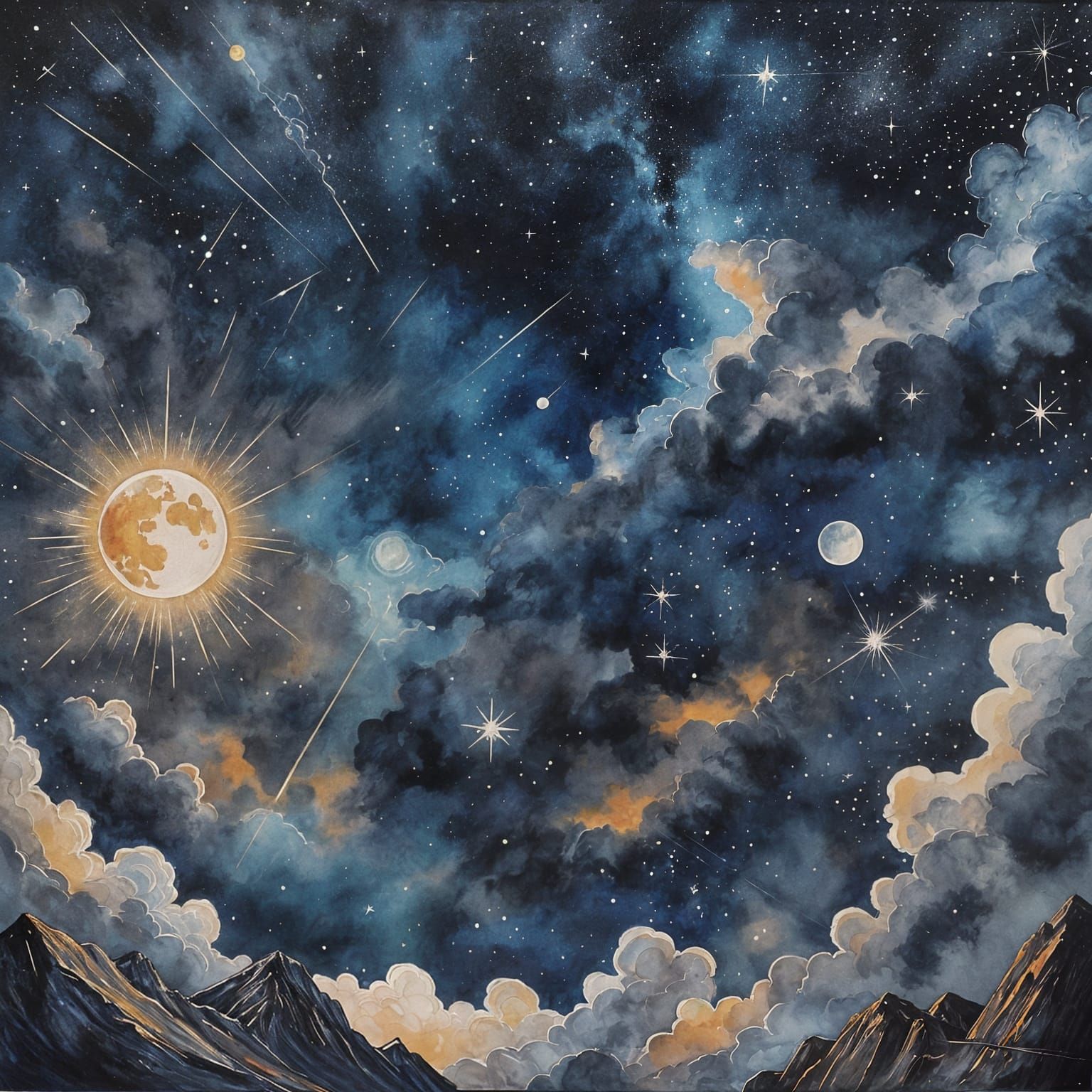 Abstract Night Sky with Meteor Shower in Gouache