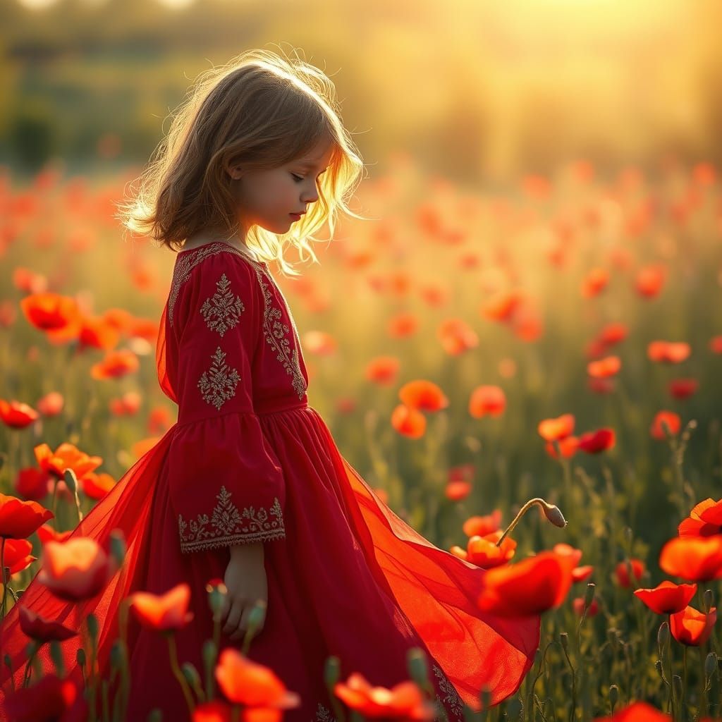 Girl in Red Dress in Poppy Field