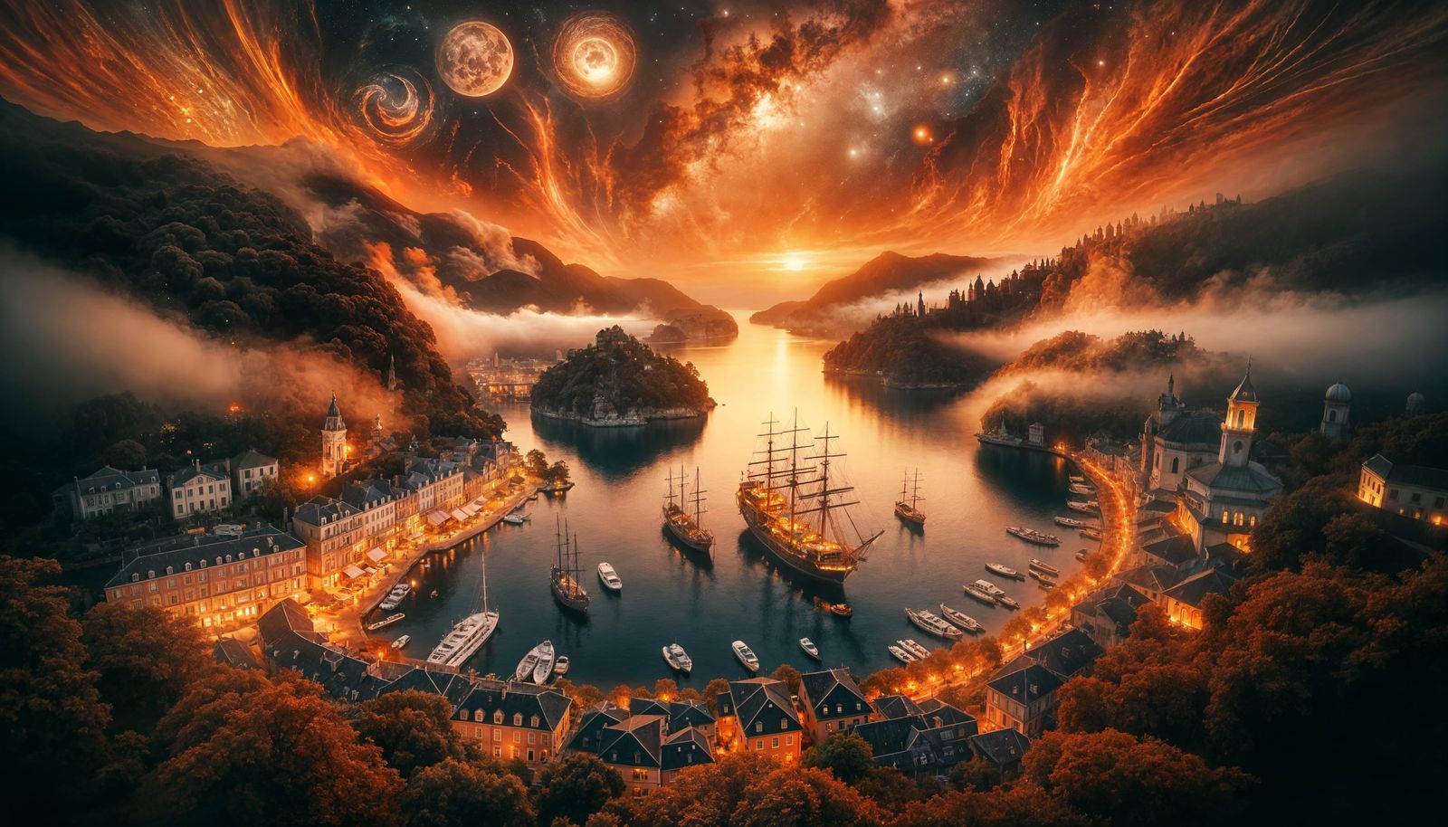 Mythical Harbor at Twilight: Celestial Dreamscape