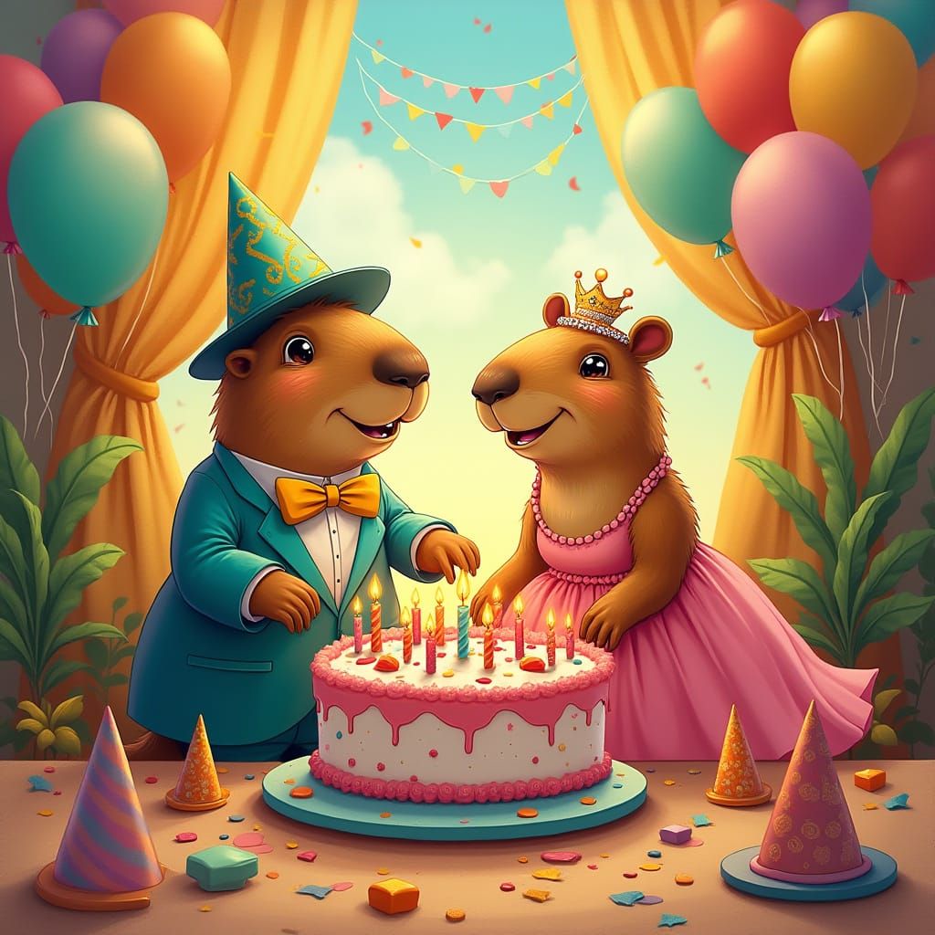 Capybara Father and Daughter Celebrate in Vibrant Party Scen...
