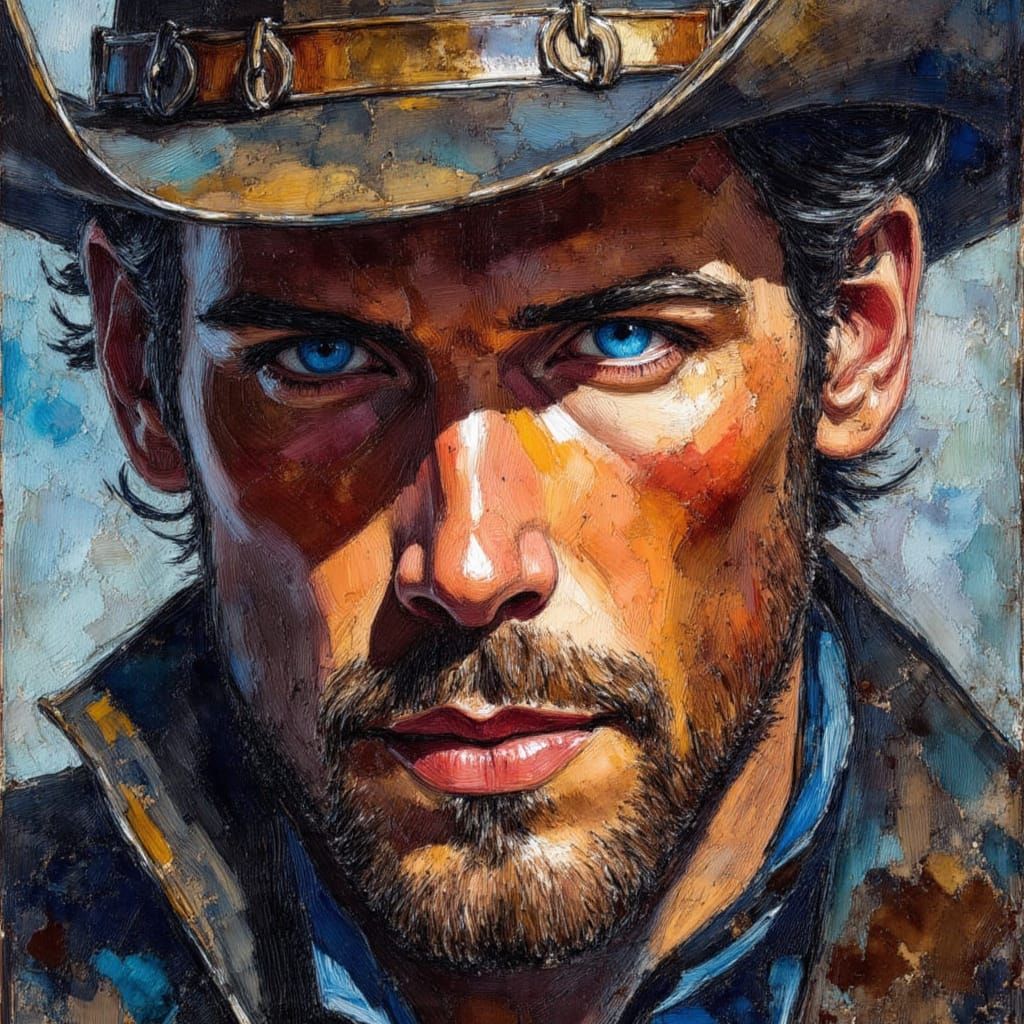 Rugged Cowboy Portrait in Impasto Oil Painting Style