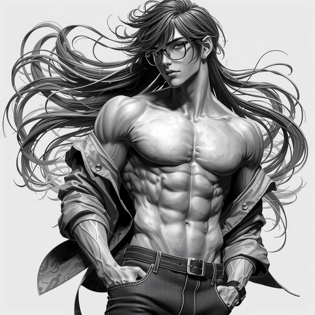 Bishounen Portrait: Stylish Man with Long Hair and Toned Phy...