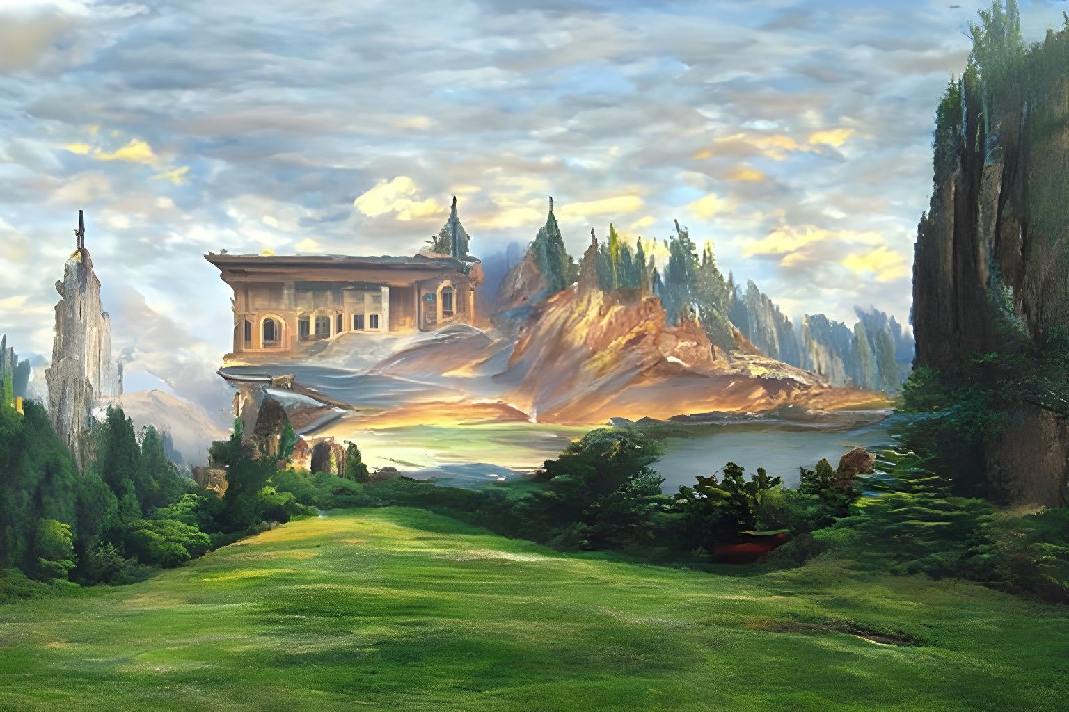 Grand Library: Oil Painting in Hudson River Style