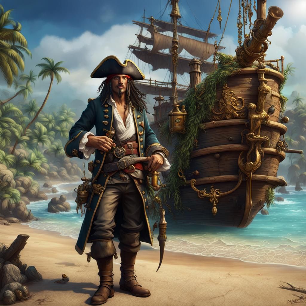 Pirate with Parrot and Treasure, Detailed Digital Painting