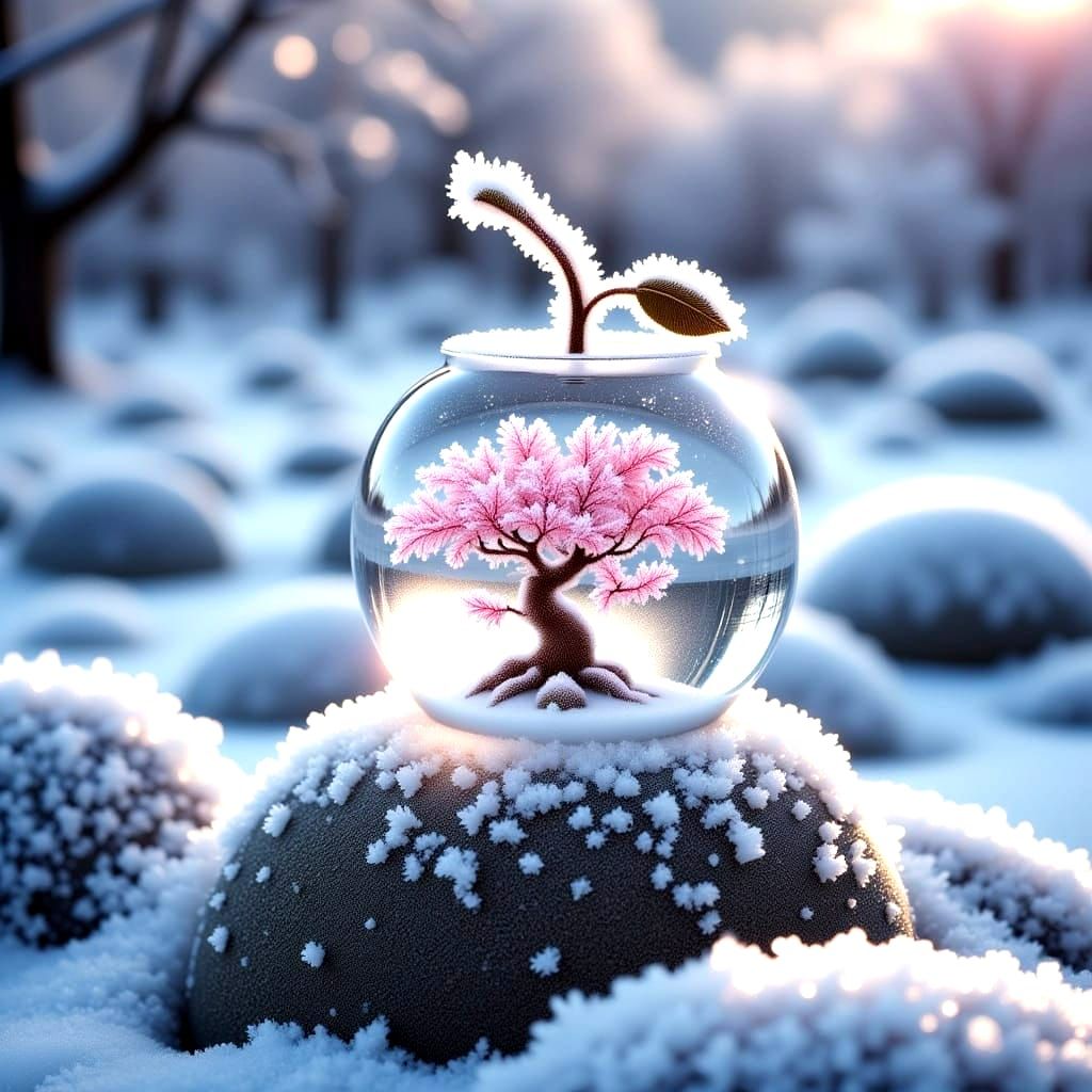 Winter Wonderland Glass Cherry in Japanese Garden Setting