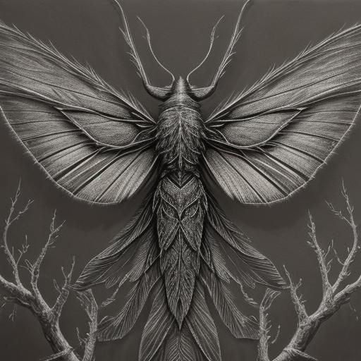 Intricate Moth on Branch in Charcoal Drawing