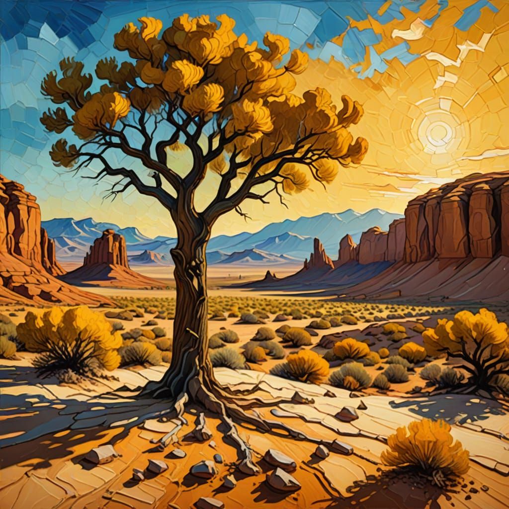 Golden Desert Oasis in Vibrant Oil Painting
