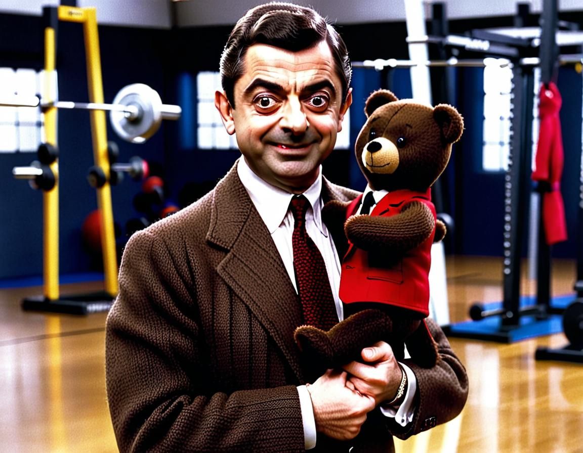 Mr Bean takes Teddy weightlifting