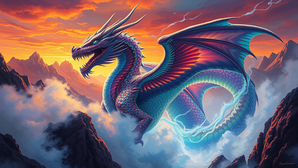 Mythical Dragon Emerges from Iridescent Mist