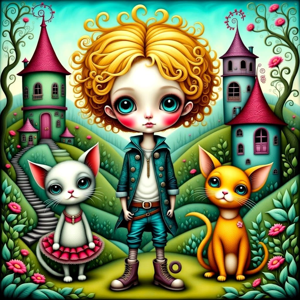 Punky Boy with Pets in Vibrant Oil Painting