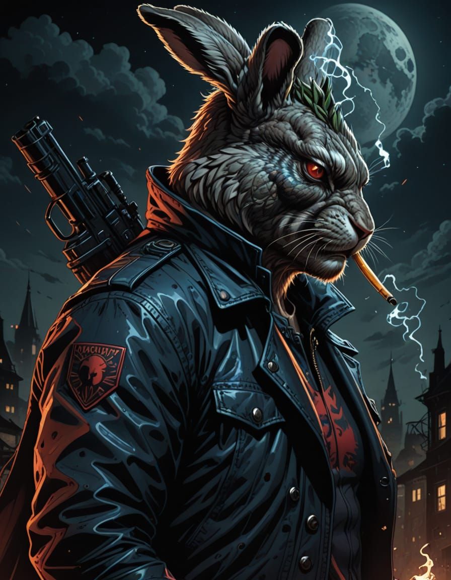 Grim Dark Comic Book Art of a Bunny in a Lederjacke