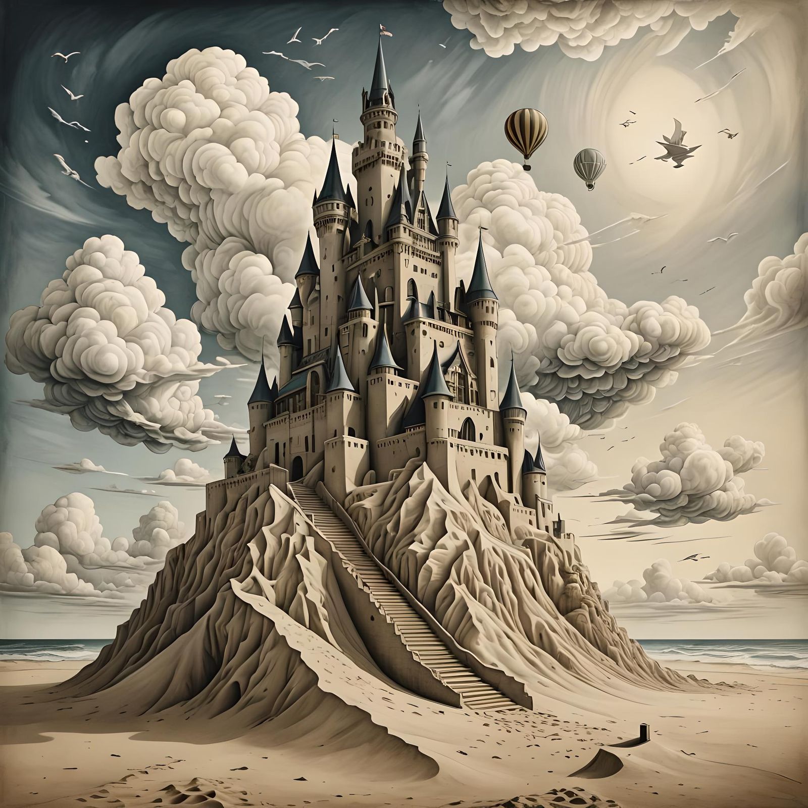 Sandcastle in the Clouds: Monochromatic Dreamscape