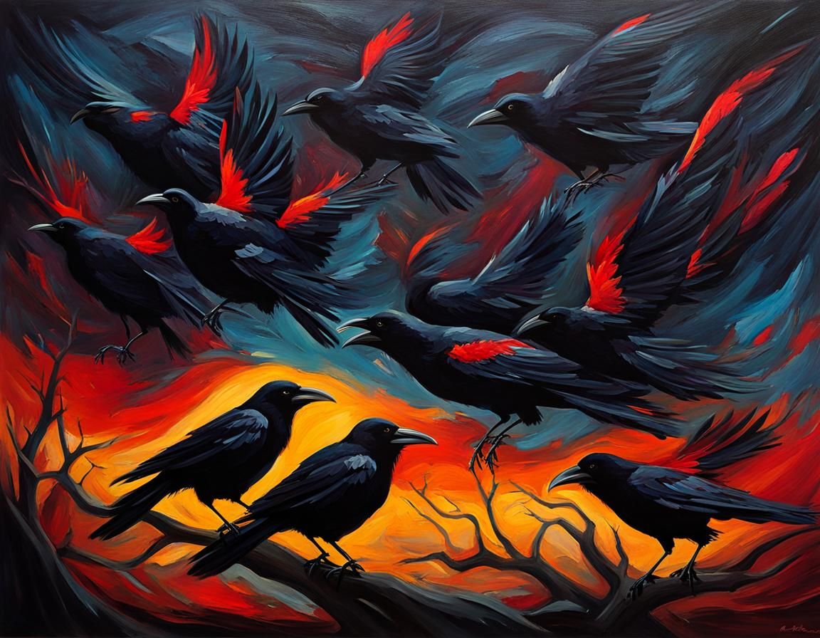 Expressionistic Murder of Crows in Deep Colors
