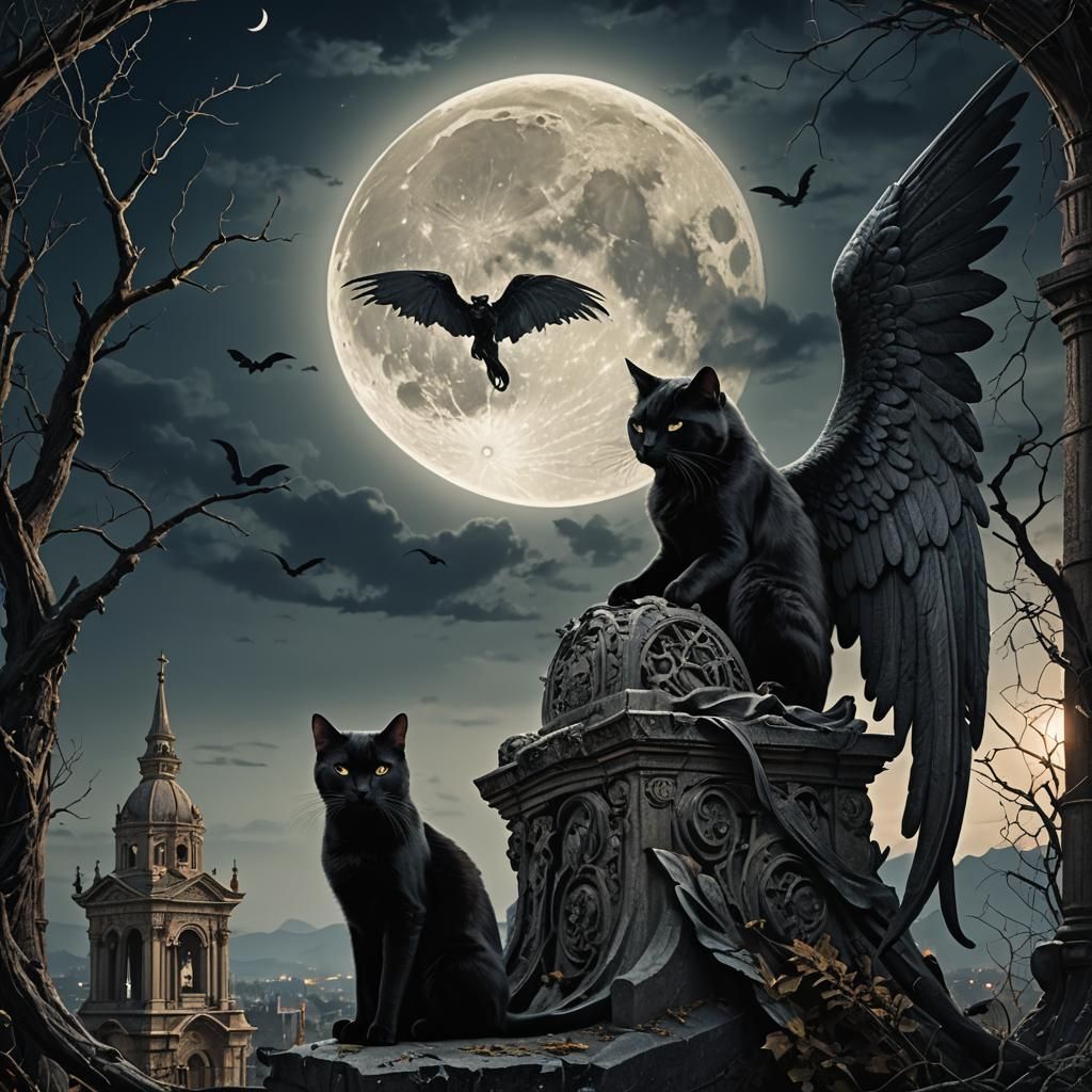 Black Cat with Angel of Death Under Moon