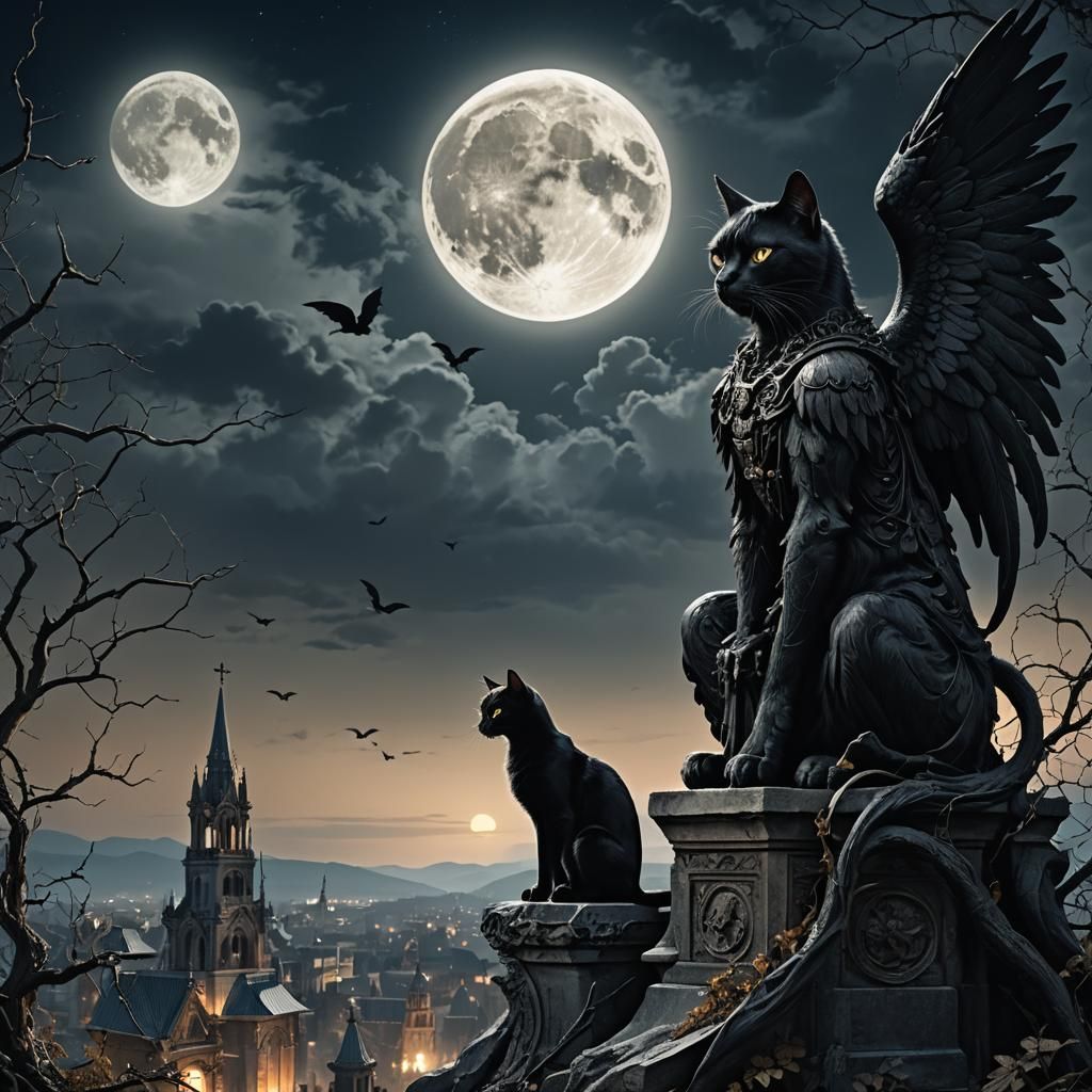 Black Cat and Angel of Death Under Moon
