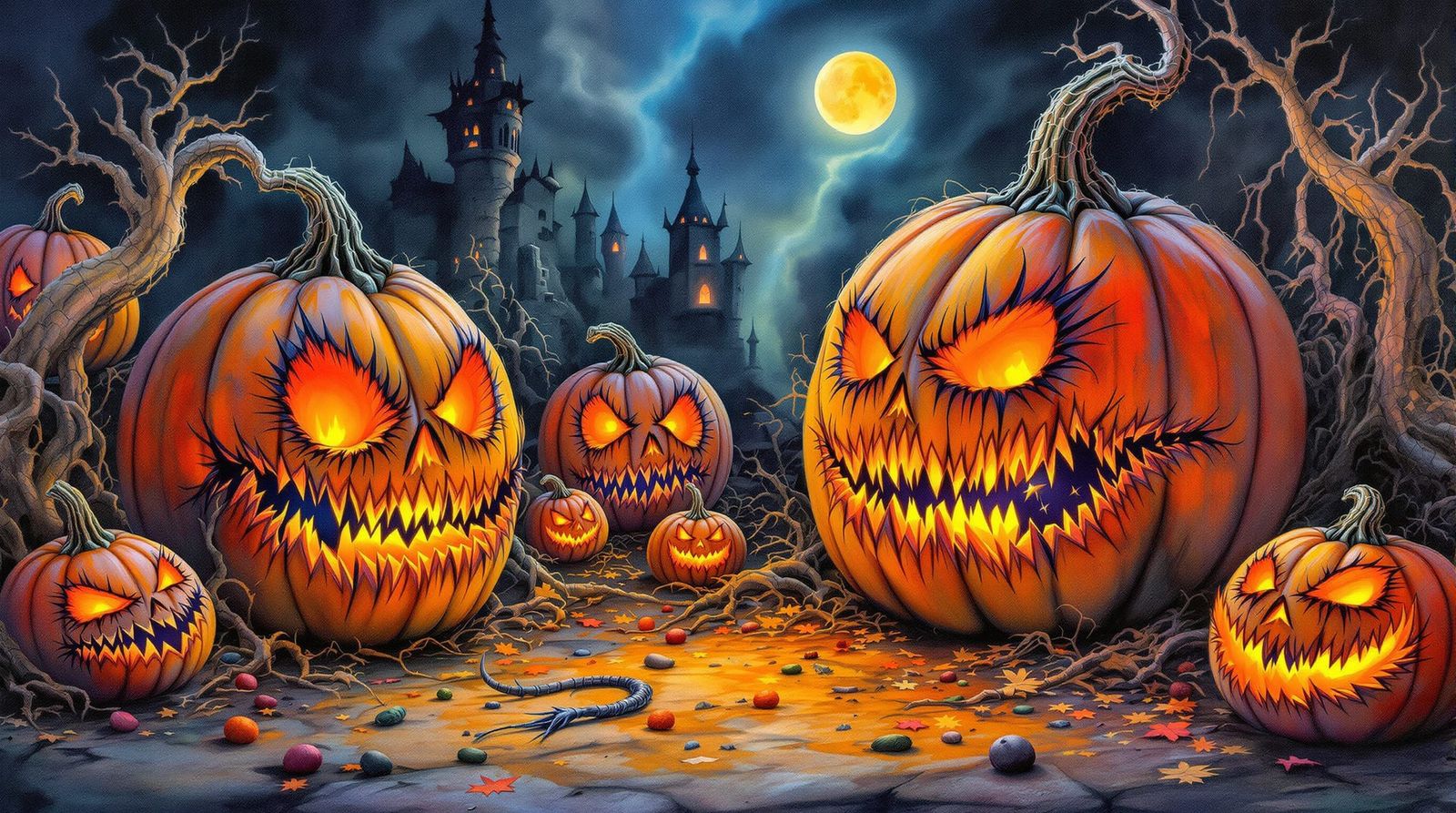 Wicked Witch Carving Pumpkins in Surreal Style