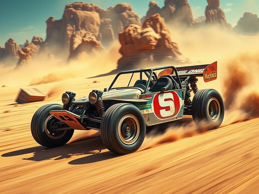 Vintage RC Buggy Races Through Desert Landscape