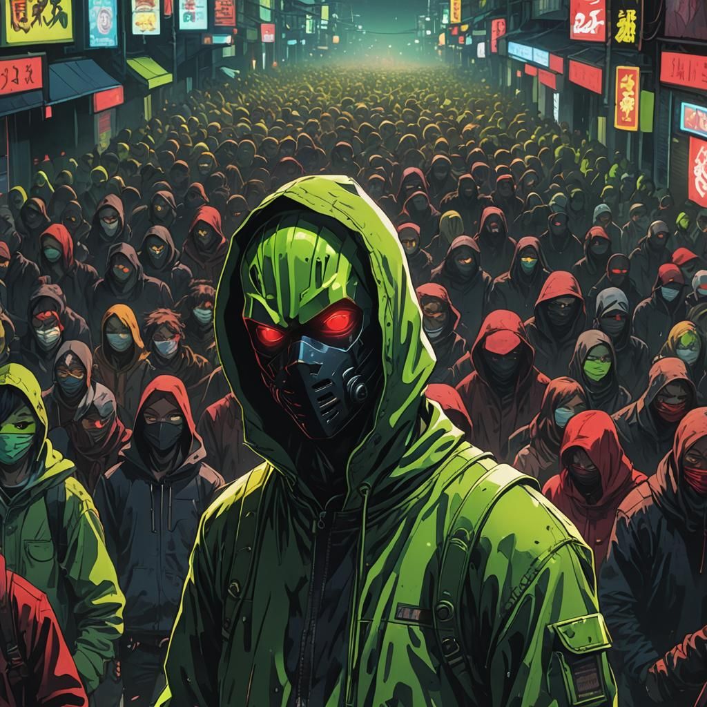 Masked Figure in Crowd, Cel-Shaded Anime Style