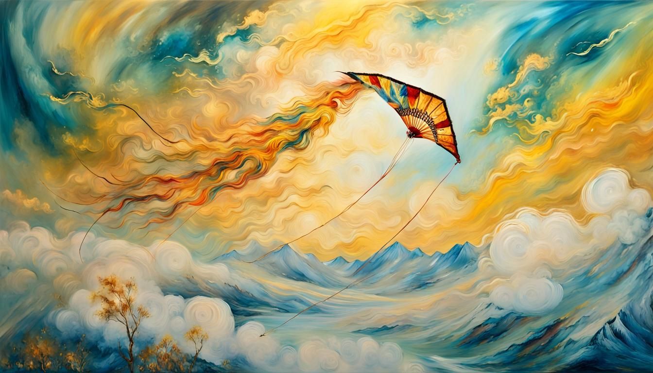 Chinese Kite Soaring in Impressionist Landscape