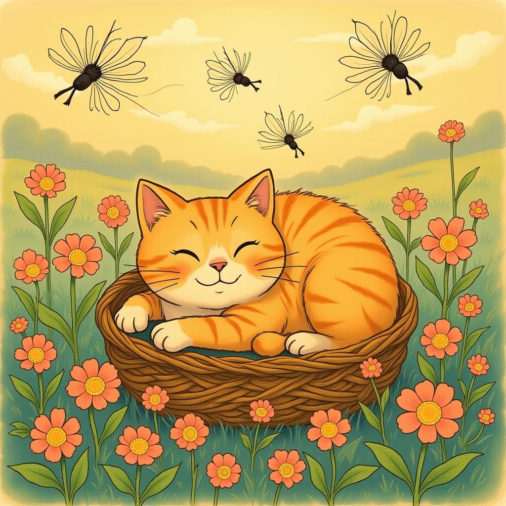 Cat Dreaming in Surreal Flower World