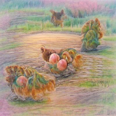Hens Foraging in Apple Orchard, Pastel Art
