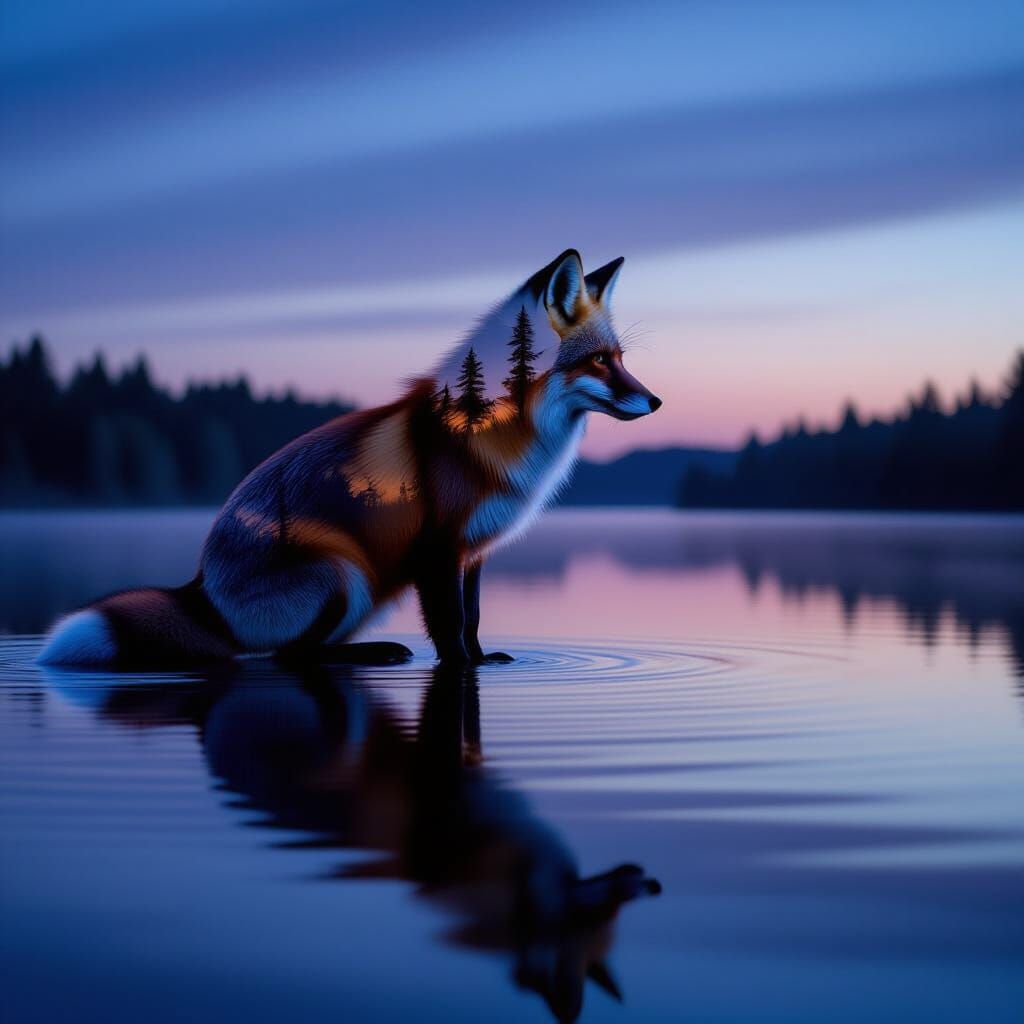 Mystical Fox and Lake Double Exposure Art