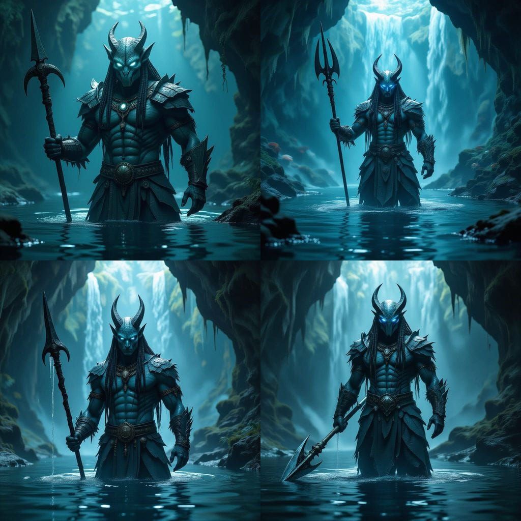 Abysskin Warrior Emerging from Bioluminescent Lake