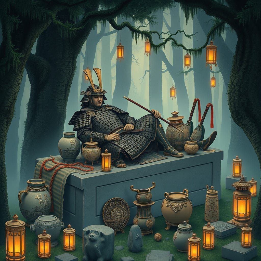 Samurai Warrior in Misty Forest, Inspired by Hokusai and Miy...