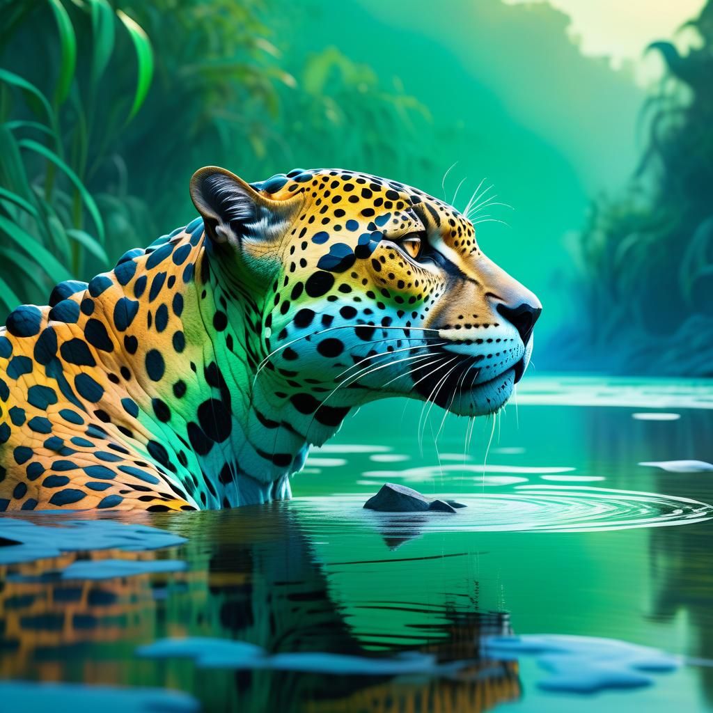 Colorful Jaguar Watches Caiman in River, Fantasy Art