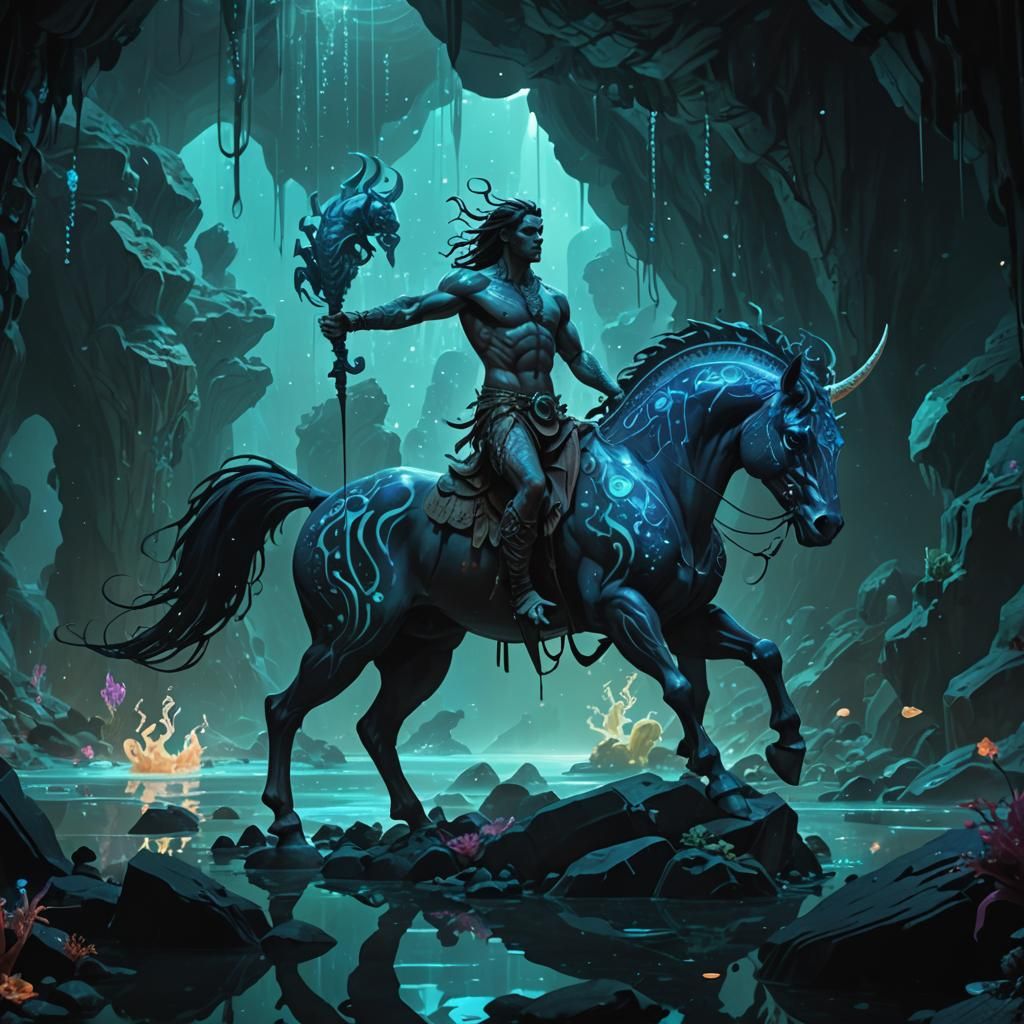 Centaur Among Water Elementals in Crystalline Cavern