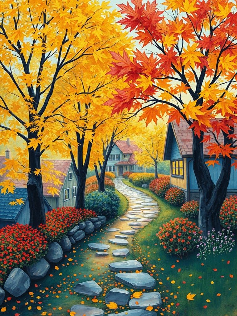Autumn Village in Impressionist Painting Style