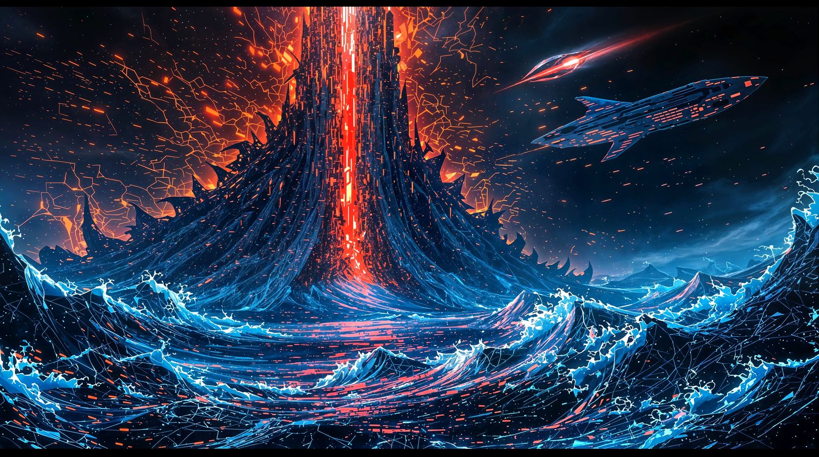 Corrupted Digital Ocean with Glitched Spire, 3D Render