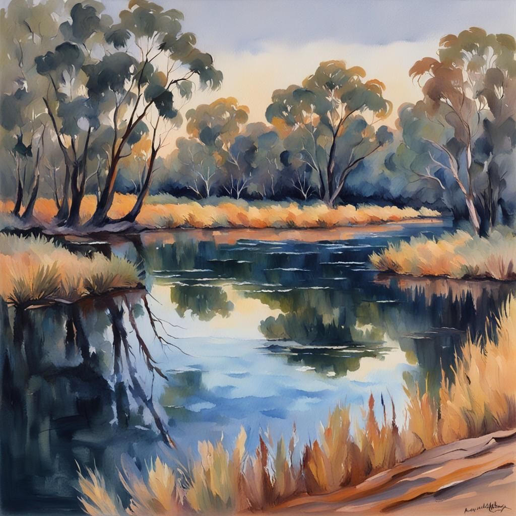 Murray River at Dusk in Gouache Watercolor Style