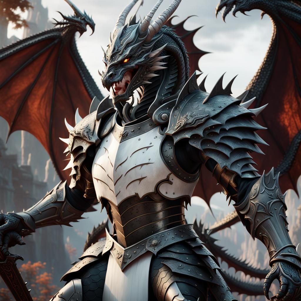 Black and White Dragon Knight in Detailed Matte Painting
