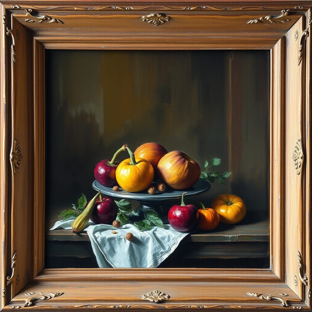 Still Life in Baroque Oil Painting Style with Textured Impas...
