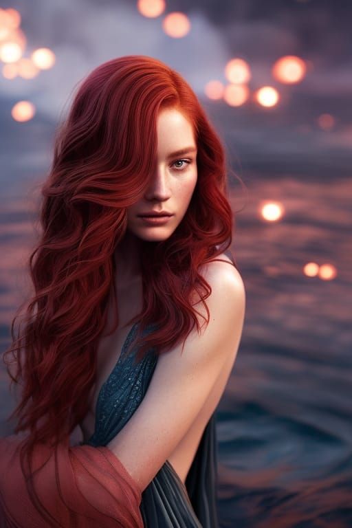 Freckled Red-Haired Beauty with Fire Particles