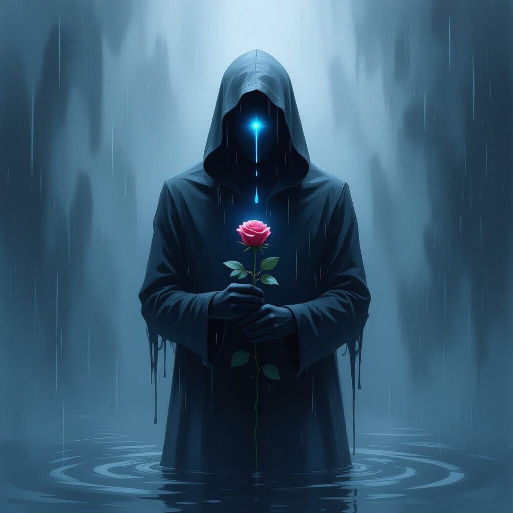 Melancholy Silhouette in Rain Holding a Rose