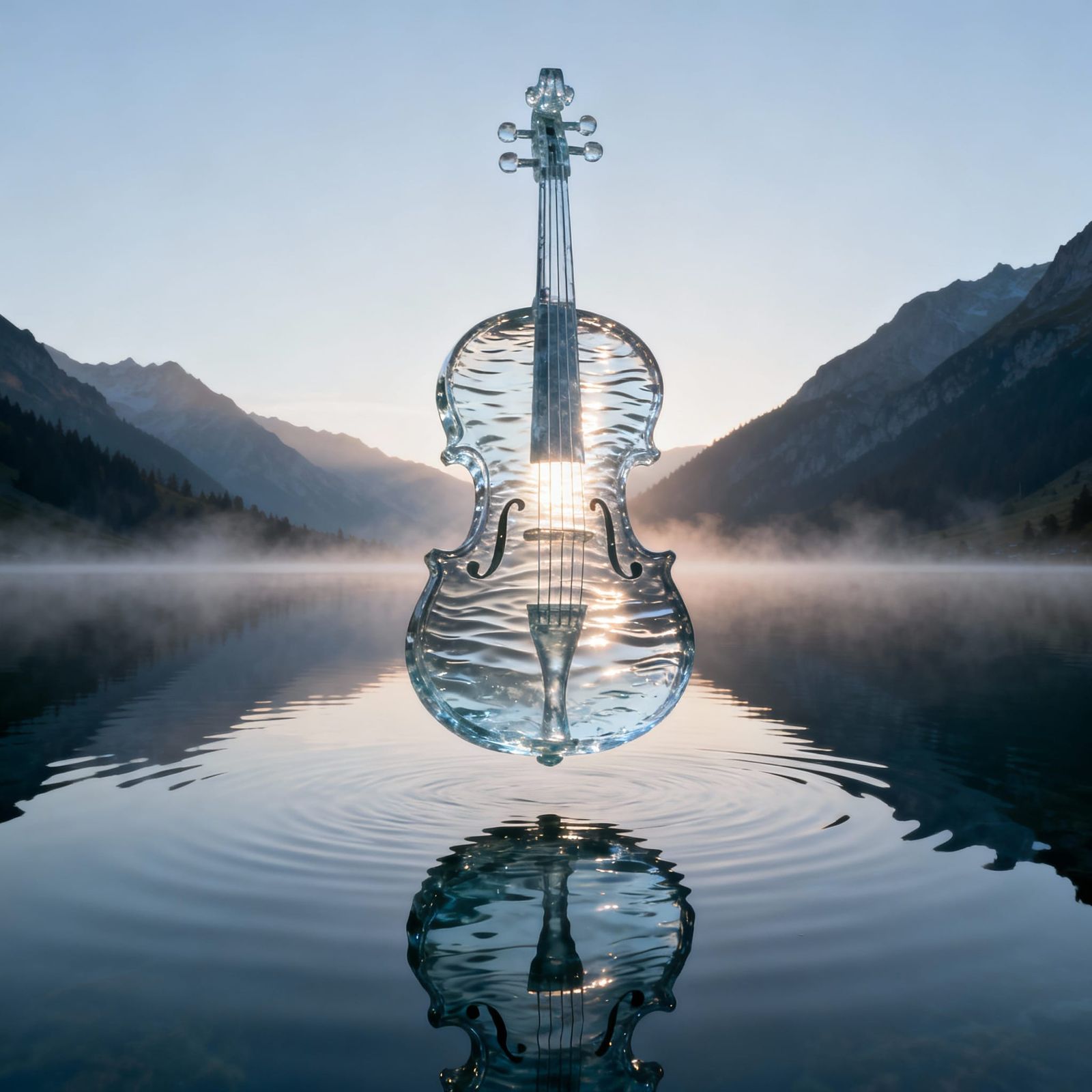 Photorealistic Water Violin Sculpture at Dawn