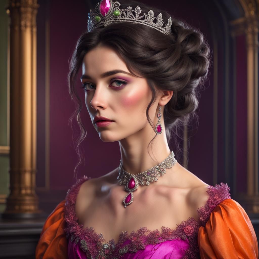 Victorian Queen in Orange and Magenta Dress