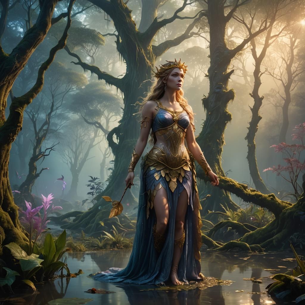 Aphrodite in Misty Forest: Art Nouveau Digital Painting