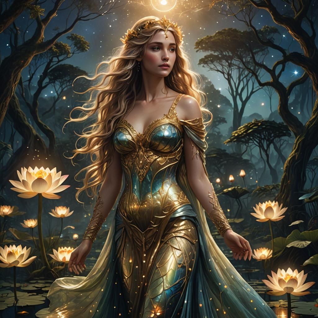 Aphrodite on Lotus in Mystical Swamp Art