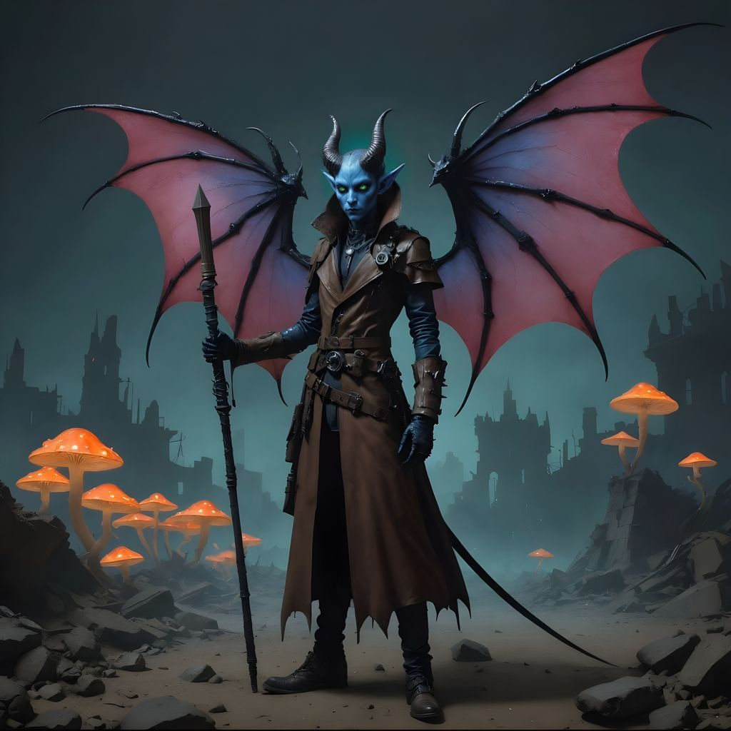 Androgynous Tiefling Wizard in Retro-Futuristic Wasteland