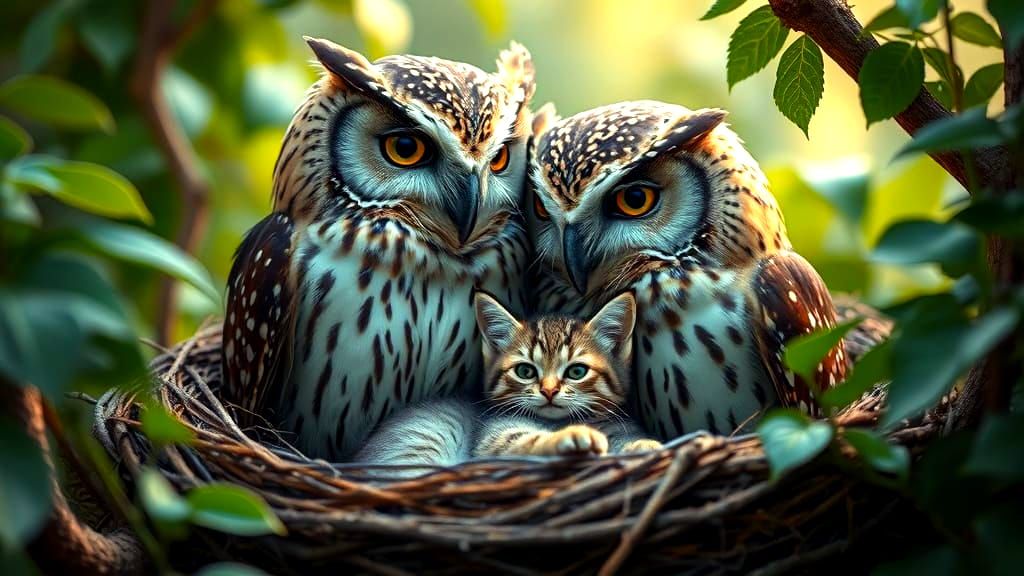 Hyperrealistic Owl Nest with Cat and Chick
