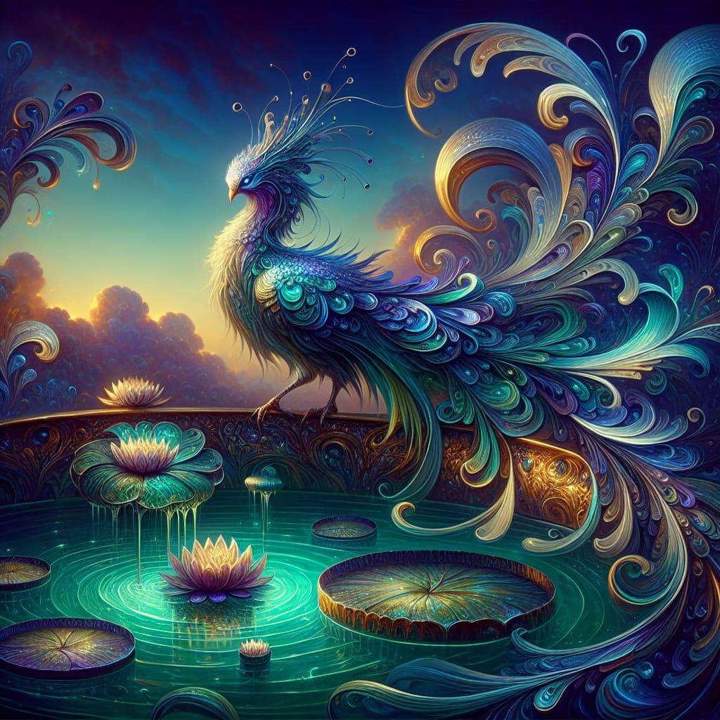 Mythical Blue & Purple Bird on Vintage Bath at Twilight