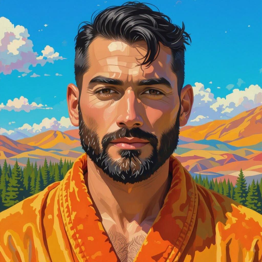 Proud Man in Velvet Robe Amidst Mountain Forest Landscape