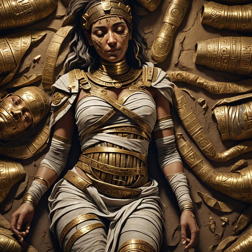 Serene Mummy Woman in Ancient Chamber, 3D Render