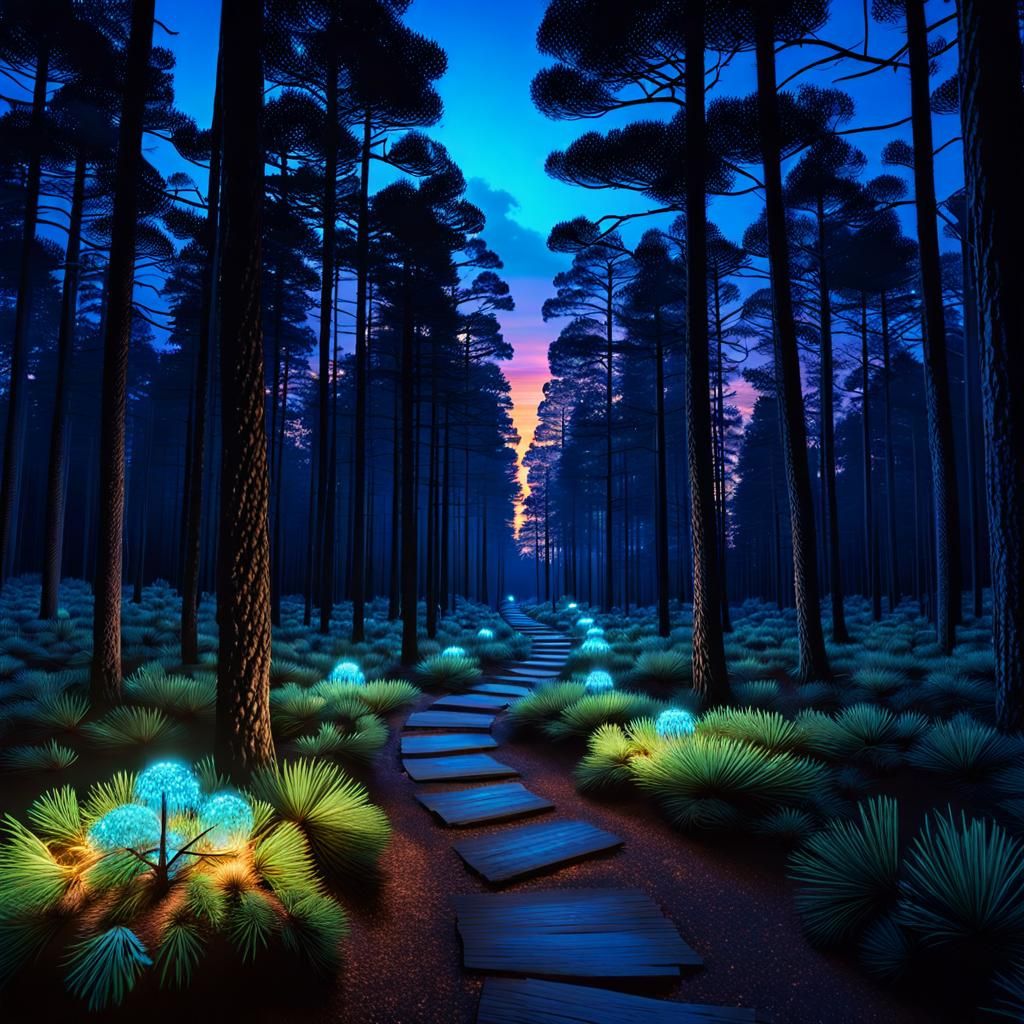 Bioluminescent Path Through Pine Forest at Night
